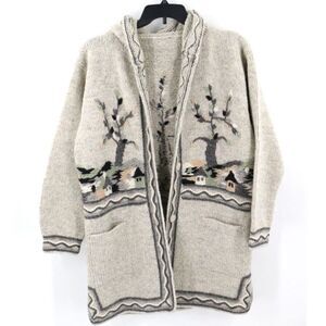 🧵Hand Crocheted Longline Cardigan Sweater Town Trees Large Nordic Embroidered